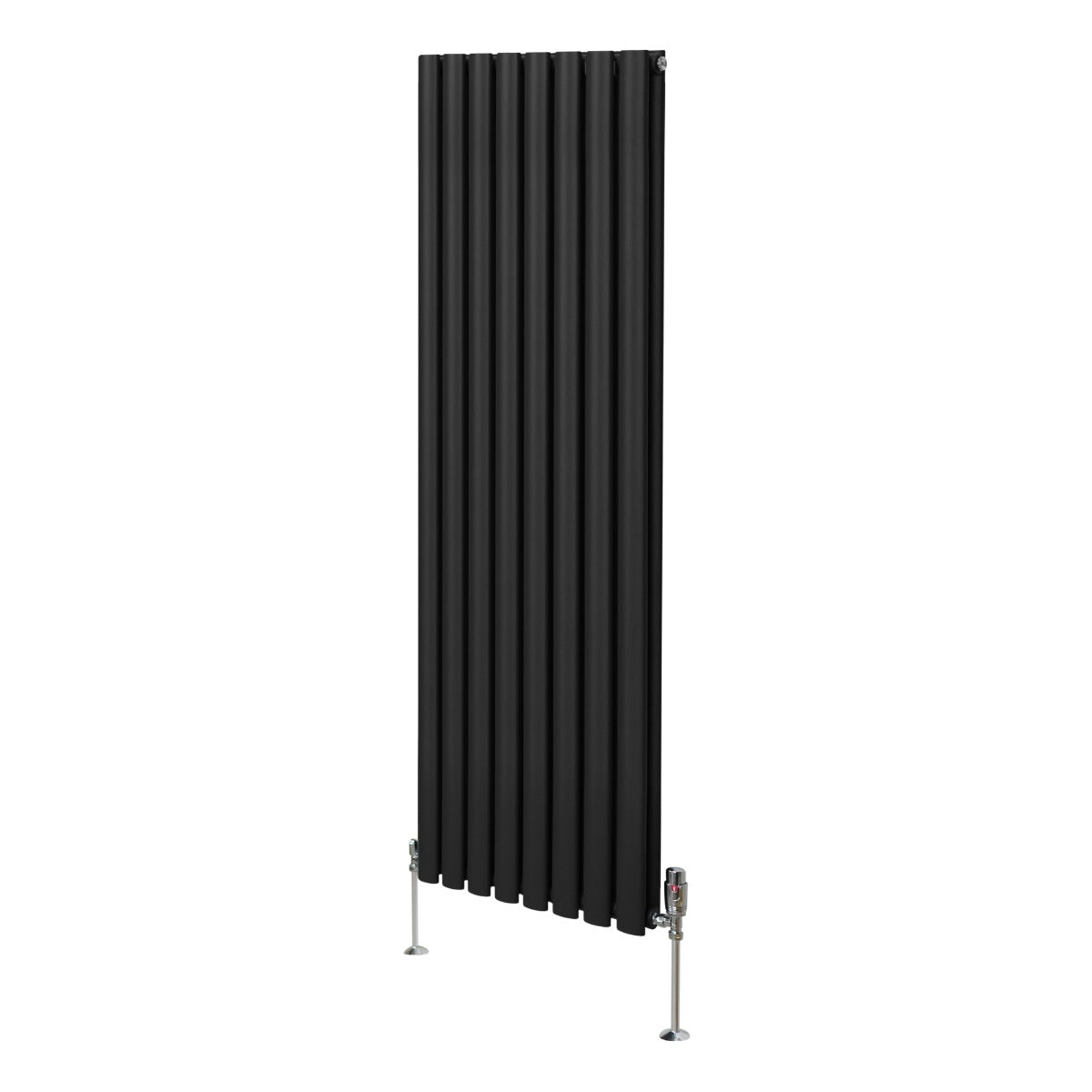 Schwarzer ovaler Röhrenheizkörper mit Chrom-Thermostatventilen, 1600mm x 480mm, vertikale Lamellenstruktur und elegantes Design für moderne Räume