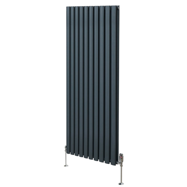 Ovaler Röhrenheizkörper in Anthrazitgrau, 1600mm x 600mm, mit glatten, vertikalen Lamellen und Chrom-Thermostatventilen, modernes Design für jeden Raum
