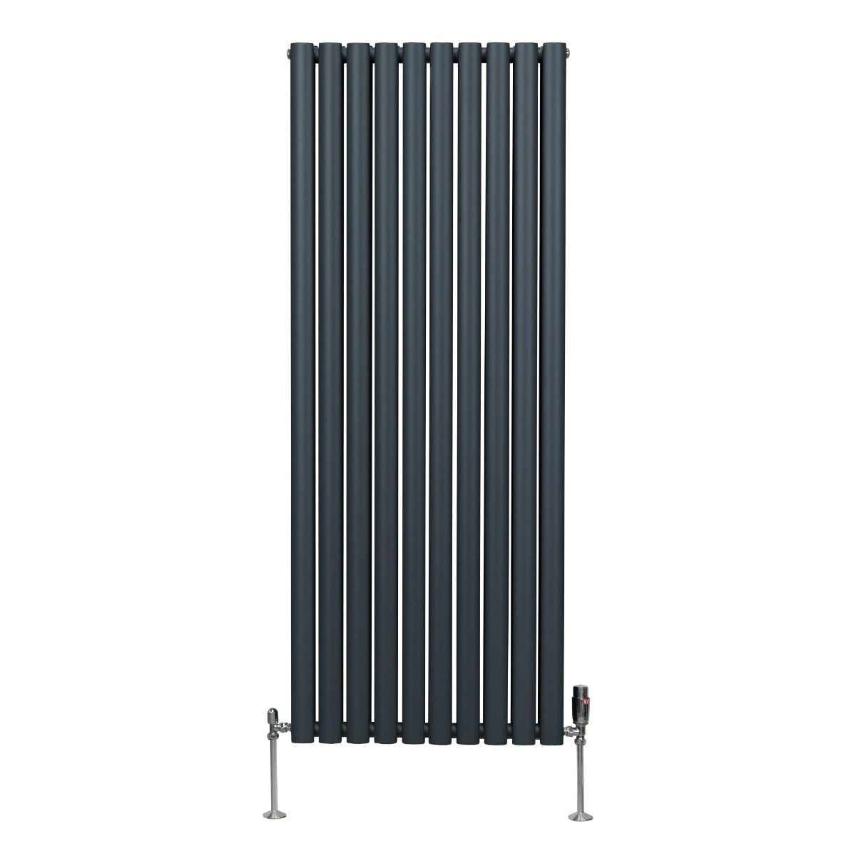 Ovaler Röhrenheizkörper in Anthrazitgrau, 1600mm x 600mm, mit glänzenden Chrom-Thermostatventilen und vertikalen, schlanken Röhren für modernes Design