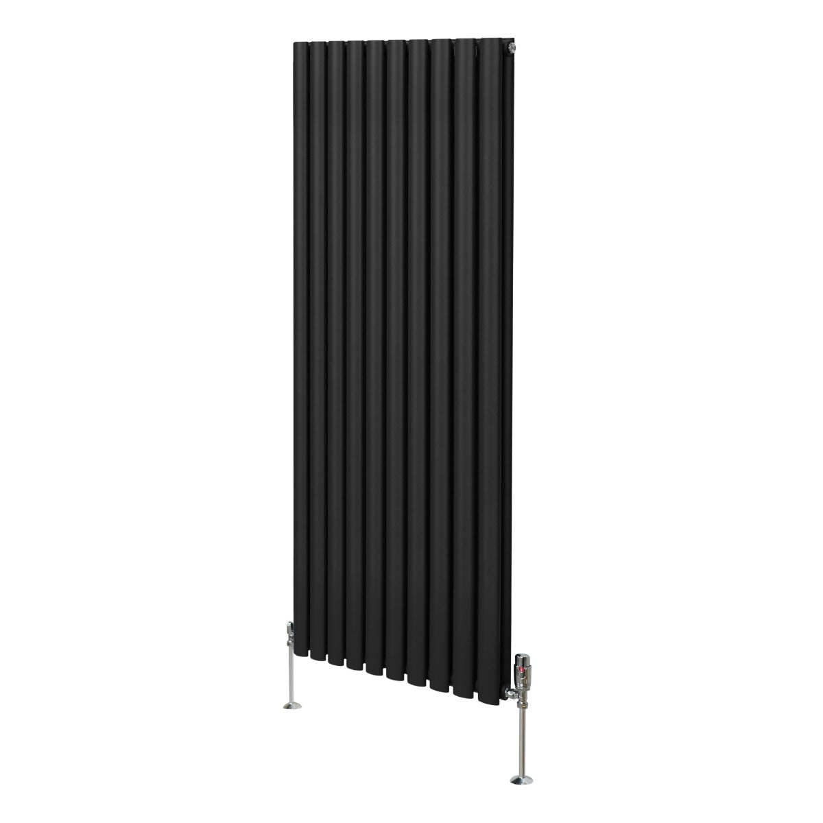 Schwarzer ovaler Röhrenheizkörper mit Chrom-Thermostatventilen, 1600mm x 600mm, vertikale Lamellenstruktur und moderne, elegante Form