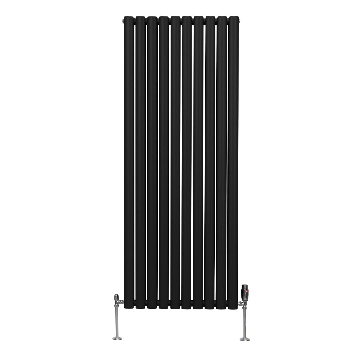 Schwarzer ovaler Röhrenheizkörper mit Chrom-Thermostatventilen, 1600mm x 600mm, vertikale Anordnung, moderne und elegante Gestaltung, ideal für jeden Raum