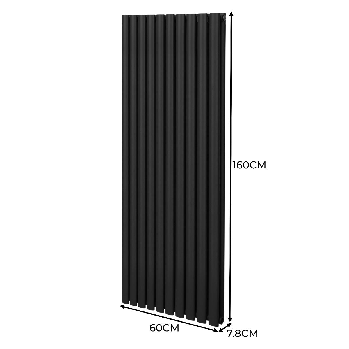 Schwarzer ovaler Röhrenheizkörper mit Chrom-Thermostatventilen, 1600mm x 600mm, vertikale Lamellenstruktur, modern und elegant, ideal für jeden Raum
