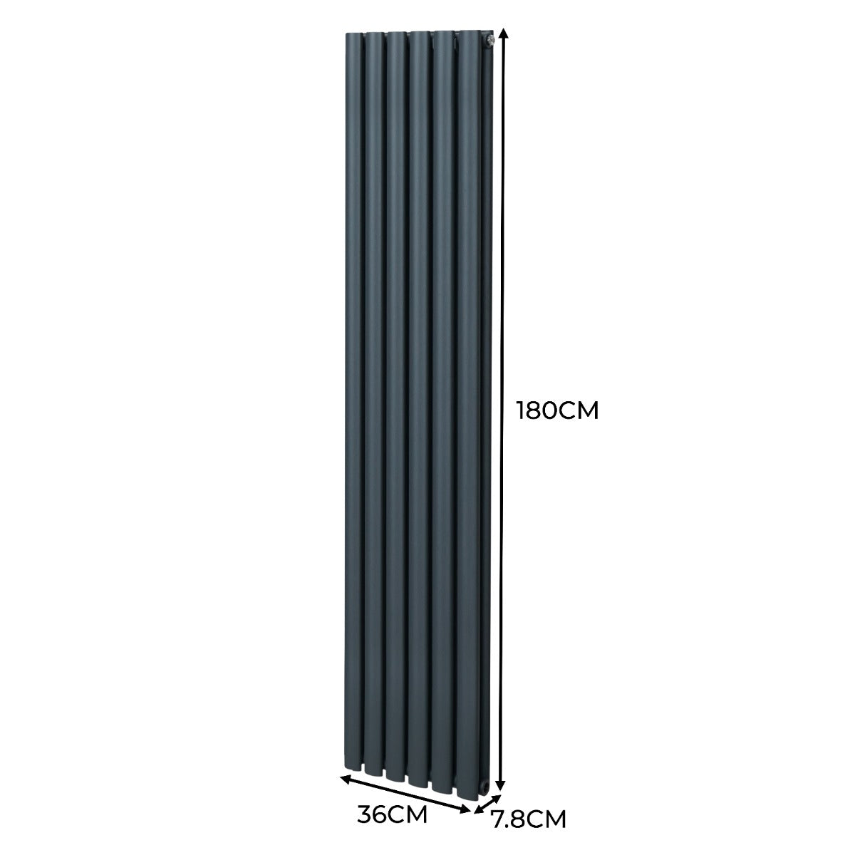 Ovaler Röhrenheizkörper in Anthrazitgrau, 1800mm x 360mm, mit mehreren vertikalen Lamellen und glatter Oberfläche, ideal für moderne Innenräume