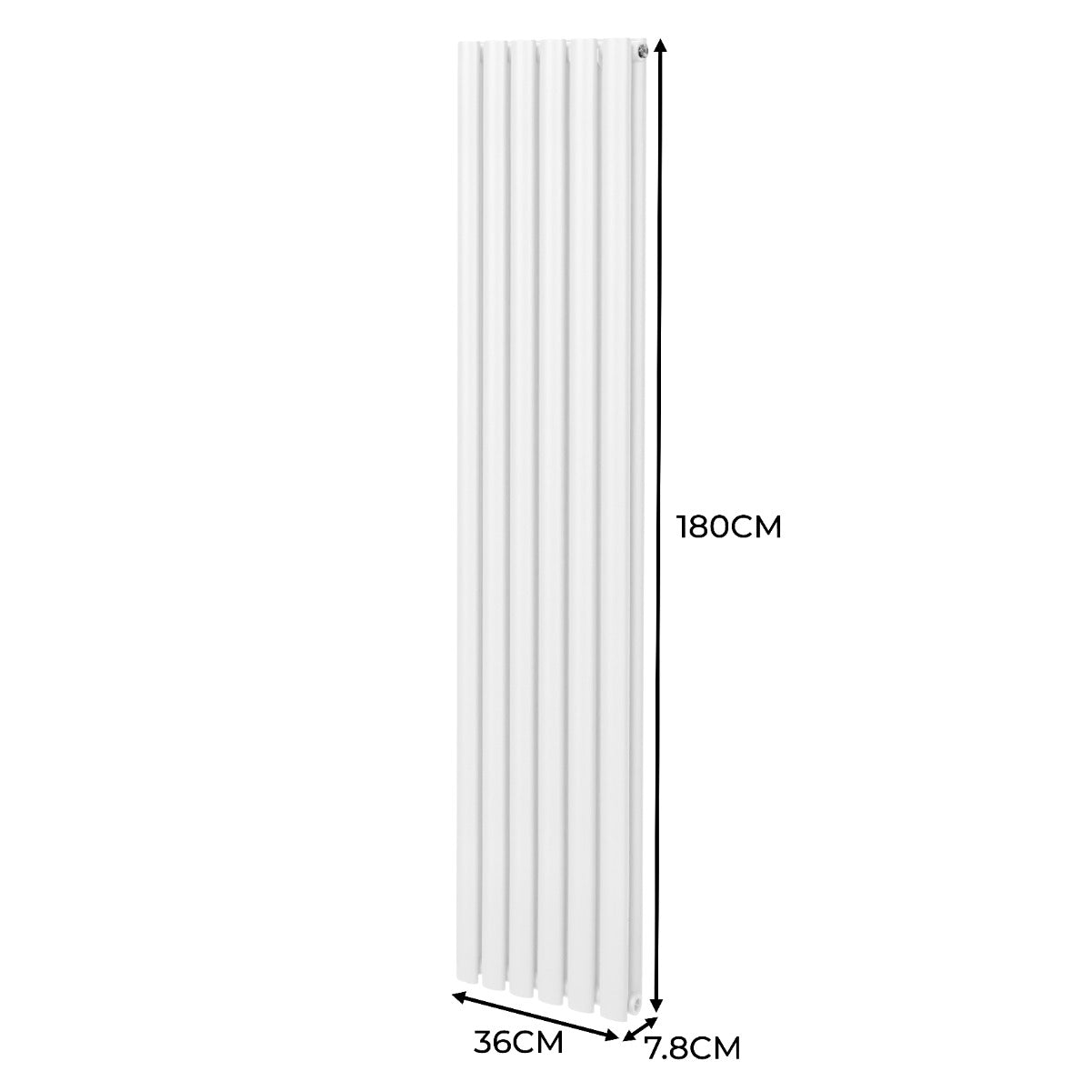 Ovaler Röhrenheizkörper in Weiß mit Chrom-Thermostatventilen, Maße 1800mm x 360mm, schlankes Design, glatte Oberfläche und moderne Ästhetik