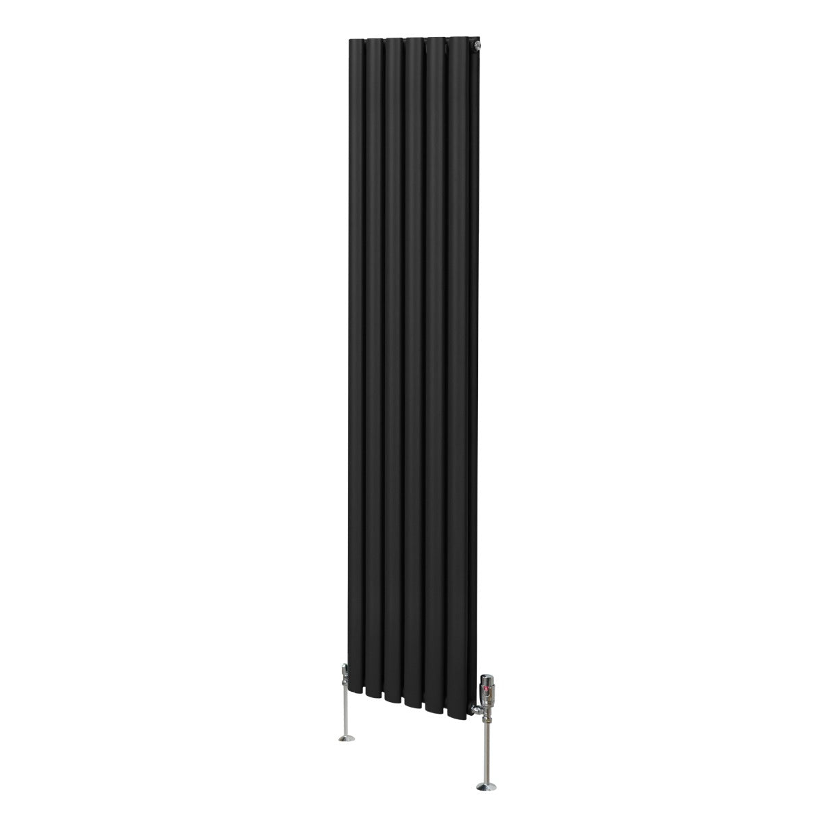 Schwarzer ovaler Röhrenheizkörper mit Chrom-Thermostatventilen, 1800mm x 360mm, vertikale Lamellenstruktur und moderne, elegante Form