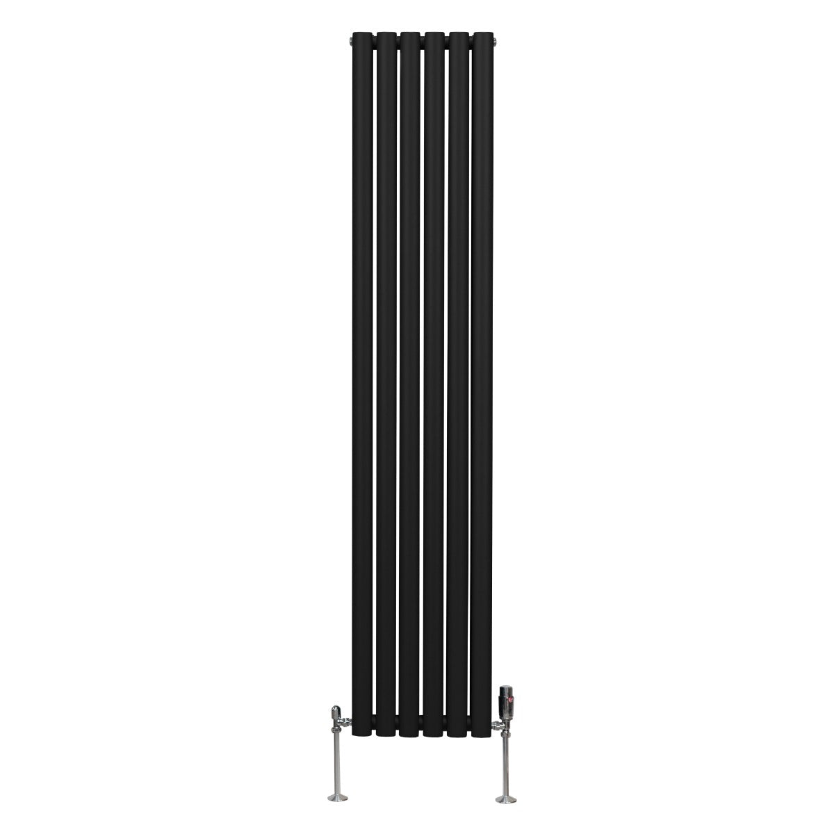 Schwarzer ovaler Röhrenheizkörper mit fünf vertikalen Röhren und Chrom-Thermostatventilen, 1800mm x 360mm, modernes Design für stilvolle Heizlösungen