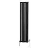 Schwarzer ovaler Röhrenheizkörper mit fünf vertikalen Röhren und Chrom-Thermostatventilen, 1800mm x 360mm, modernes Design für stilvolle Heizlösungen