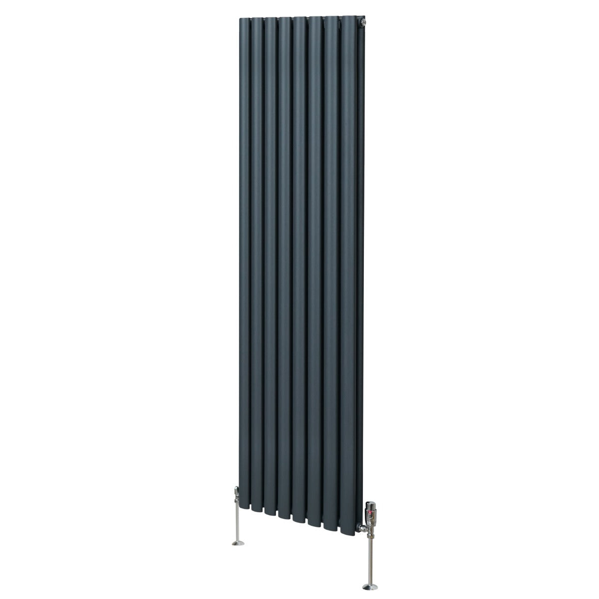 Ovaler Röhrenheizkörper in Anthrazitgrau, 1800mm x 480mm, mit vertikalen Lamellen und Chrom-Thermostatventilen, modern und elegant gestaltet