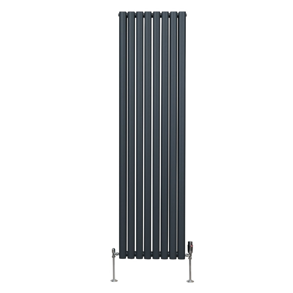 Ovaler Röhrenheizkörper in Anthrazitgrau, 1800mm x 480mm, mit glänzenden Chrom-Thermostatventilen und schlankem, modernem Design