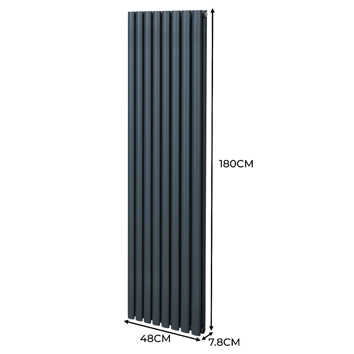 Ovaler Röhrenheizkörper in Anthrazitgrau, 1800mm x 480mm, mit vertikalen Lamellen und Chrom-Thermostatventilen, modern und elegant gestaltet