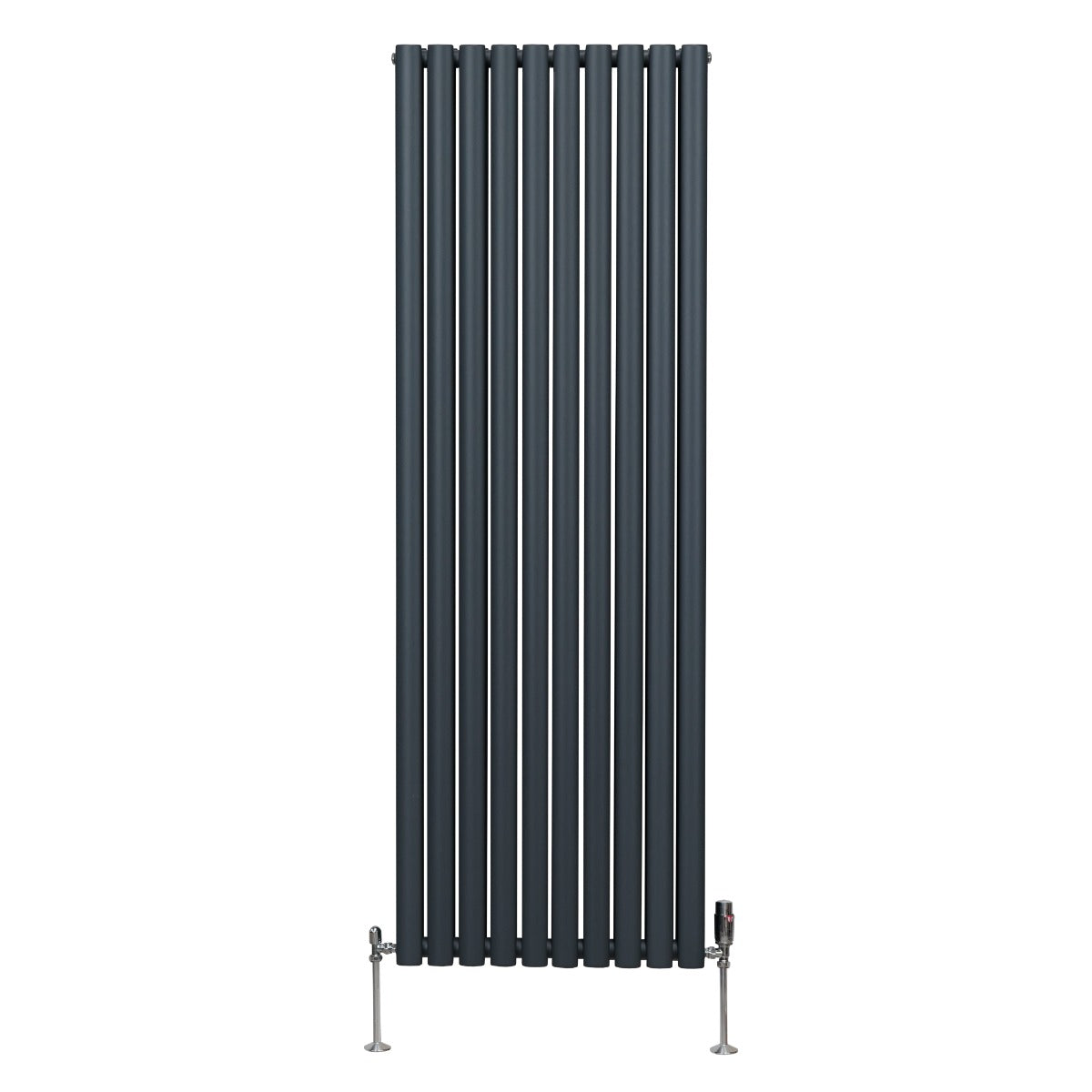 Ovaler Röhrenheizkörper in Anthrazitgrau, 1800mm x 600mm, mit glänzenden Chrom-Thermostatventilen, vertikale Lamellenstruktur und moderne, elegante Form