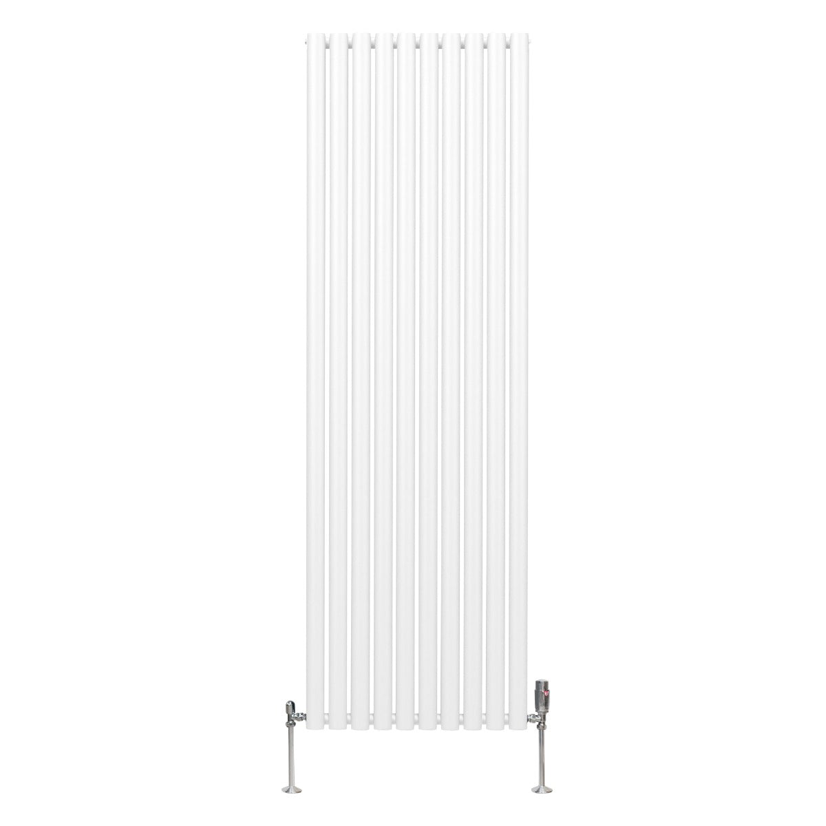 Ovaler Röhrenheizkörper in Weiß, 1800mm x 600mm, mit glänzenden Chrom-Thermostatventilen, schlankes Design und glatte Oberflächenstruktur