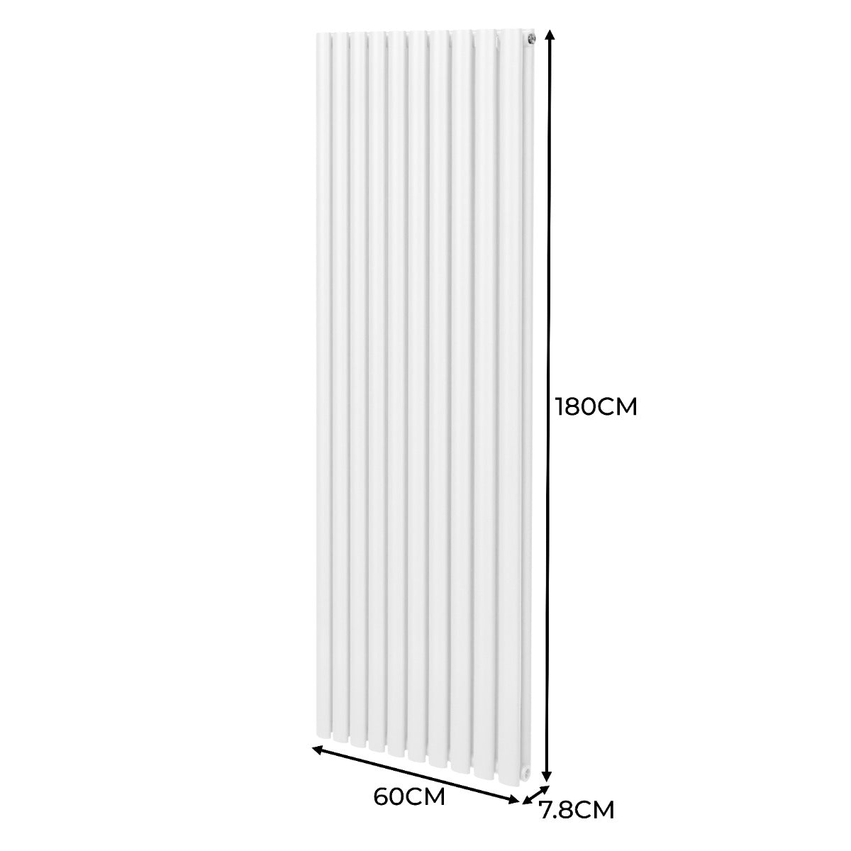 Ovaler Röhrenheizkörper in Weiß, 1800mm x 600mm, mit vertikalen Lamellen und Chrom-Thermostatventilen, modernes Design für effiziente Wärmeverteilung