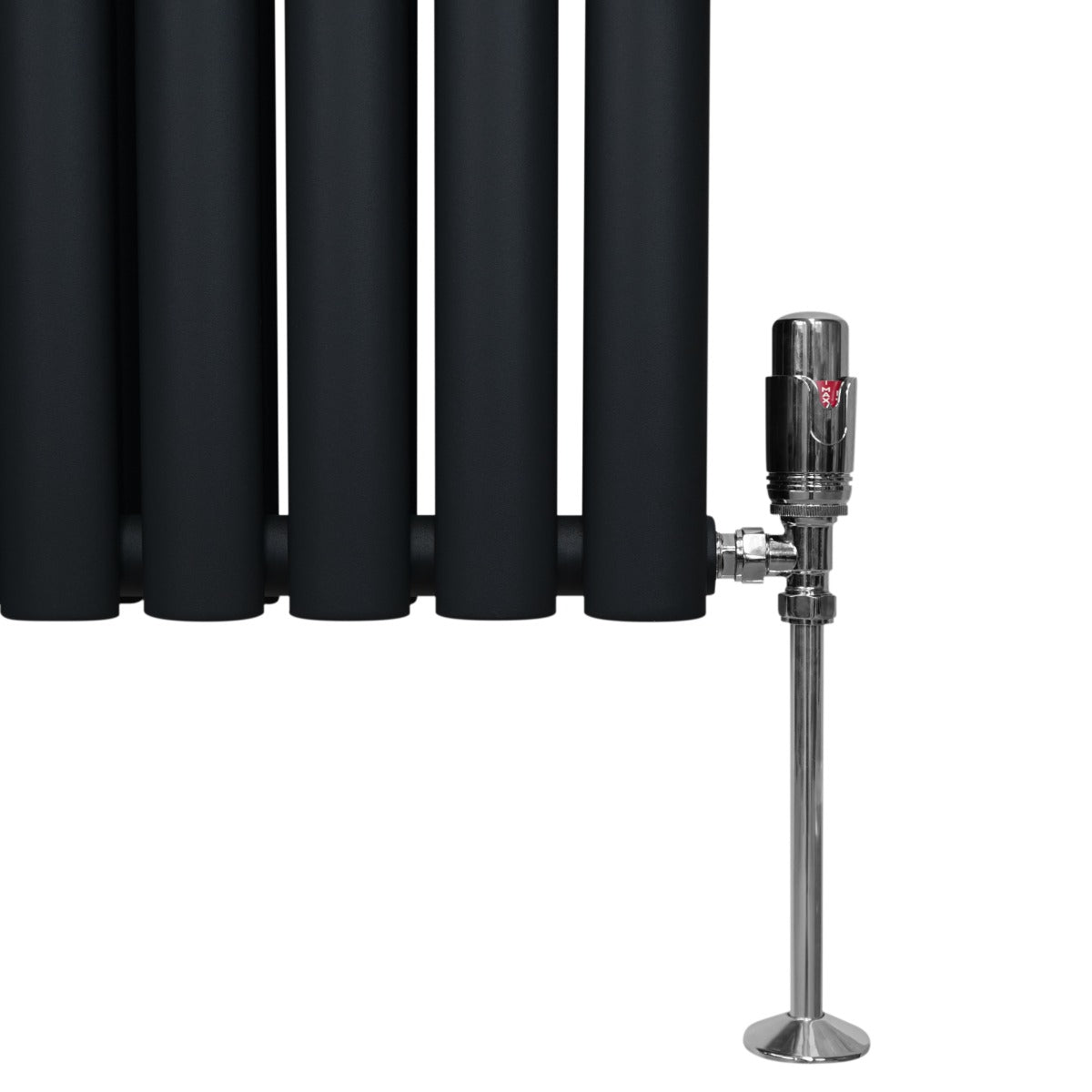 Schwarzer ovaler Röhrenheizkörper mit glänzendem Chrom-Thermostatventil, 1800mm x 600mm, moderne Form und glatte, matte Oberfläche