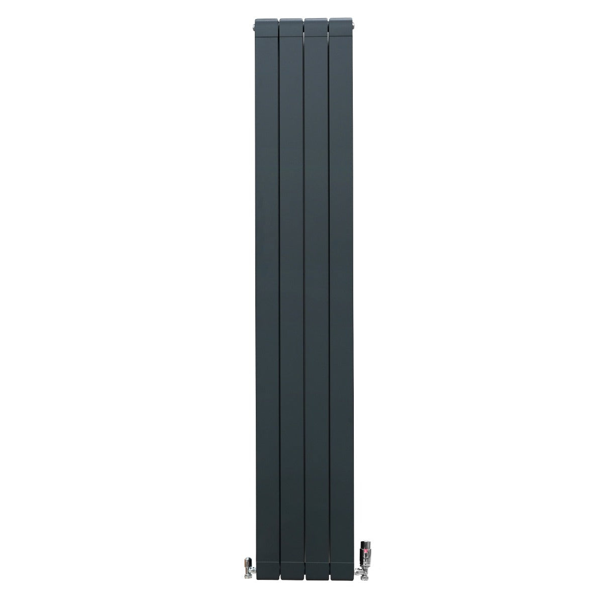 Anthrazitgrauer Aluminium Paneelheizkörper mit Chrom Thermostatventilen, schlankes Design, 1800mm x 315mm, ideal für moderne Räume