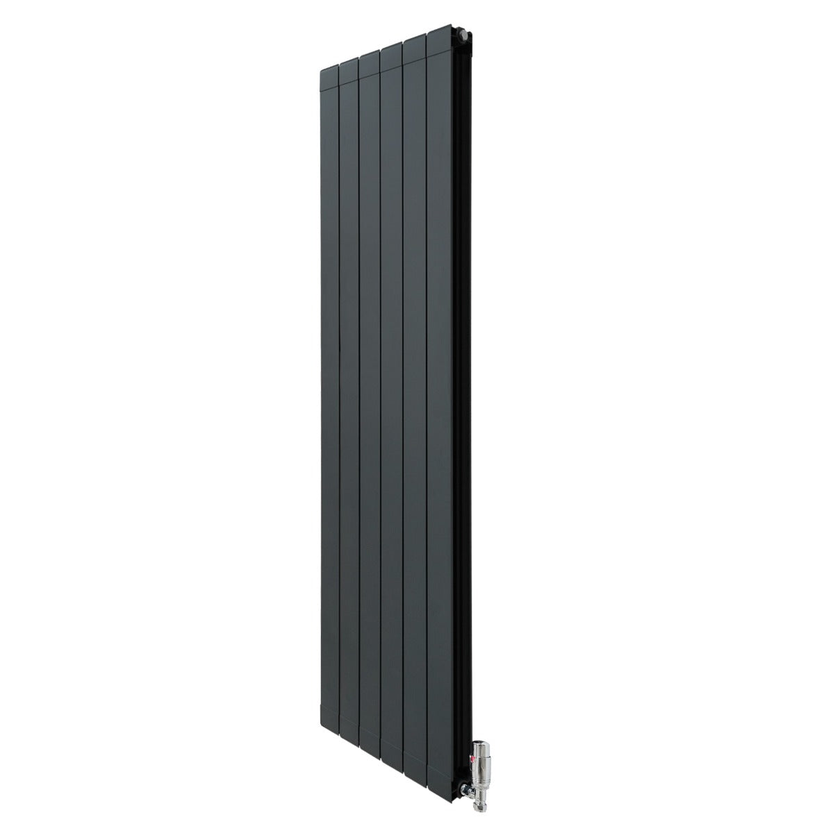 Anthrazitgrauer Aluminium Paneelheizkörper mit schlankem Design und Chrom Thermostatventilen, ideal für moderne Innenräume, Maße 1800mm x 475mm