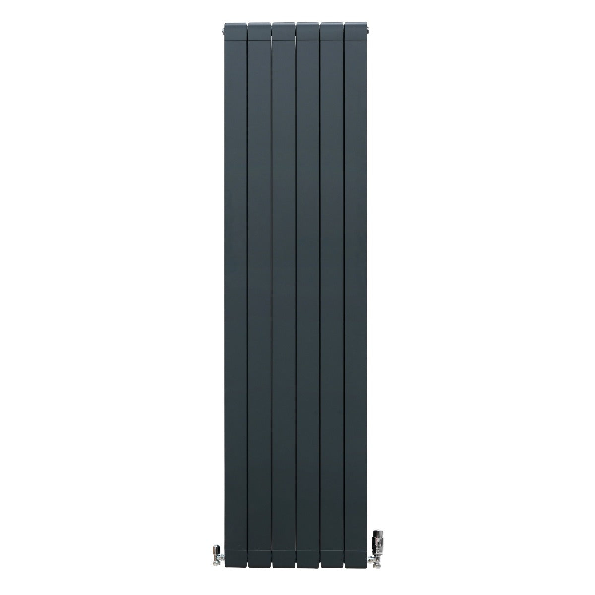 Anthrazitgrauer Aluminium Paneelheizkörper mit schlankem, vertikalem Design und Chrom-Thermostatventilen, ideal für moderne Innenräume