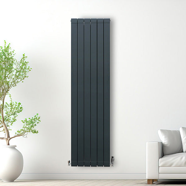 Anthrazitgrauer Aluminium Paneelheizkörper mit schlankem Design, montiert an einer weißen Wand, neben einer Pflanze und einem beigen Sofa
