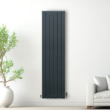 Anthrazitgrauer Aluminium Paneelheizkörper mit schlankem Design, montiert an einer weißen Wand, neben einer Pflanze und einem beigen Sofa