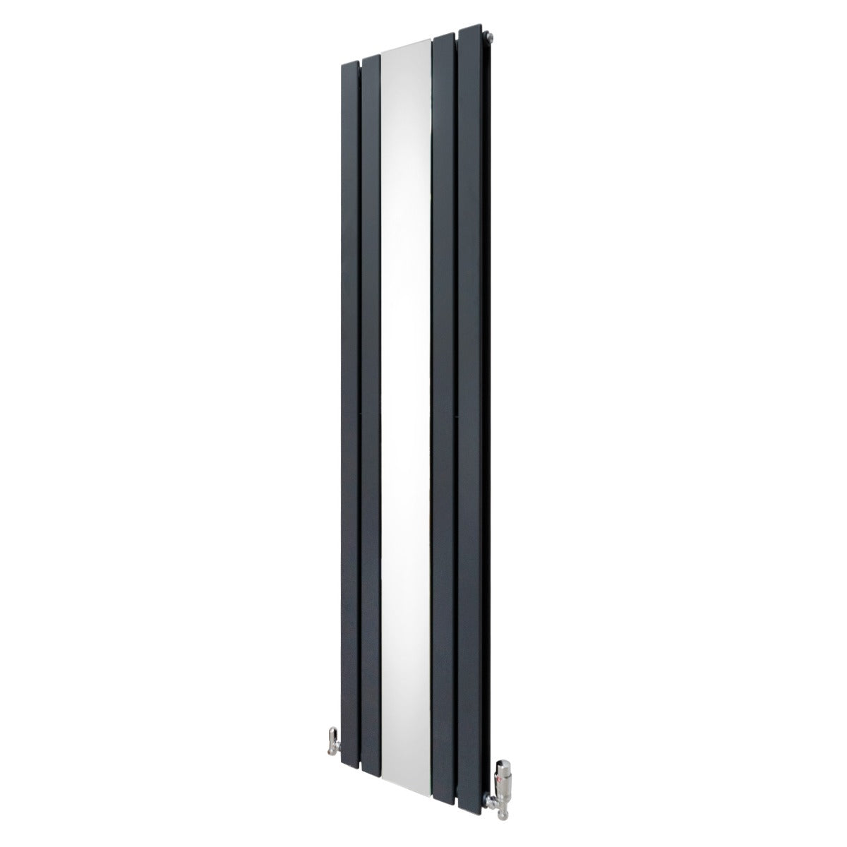 Anthrazitgrauer Heizkörper mit integriertem Spiegel und Chrom-Thermostatventilen, schlankes Design, moderne Linienführung, ideal für zeitgemäße Badezimmer