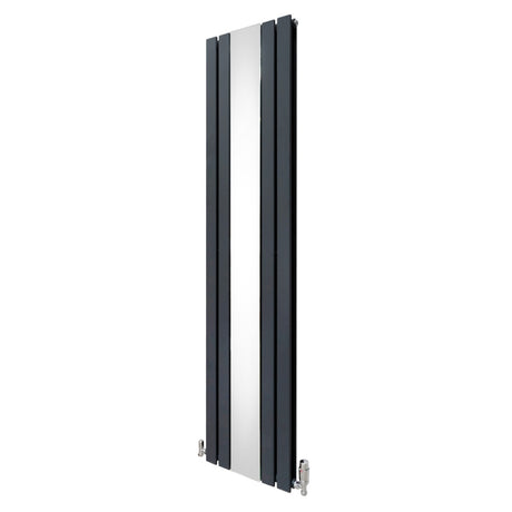 Anthrazitgrauer Heizkörper mit integriertem Spiegel und Chrom-Thermostatventilen, schlankes Design, moderne Linienführung, ideal für zeitgemäße Badezimmer