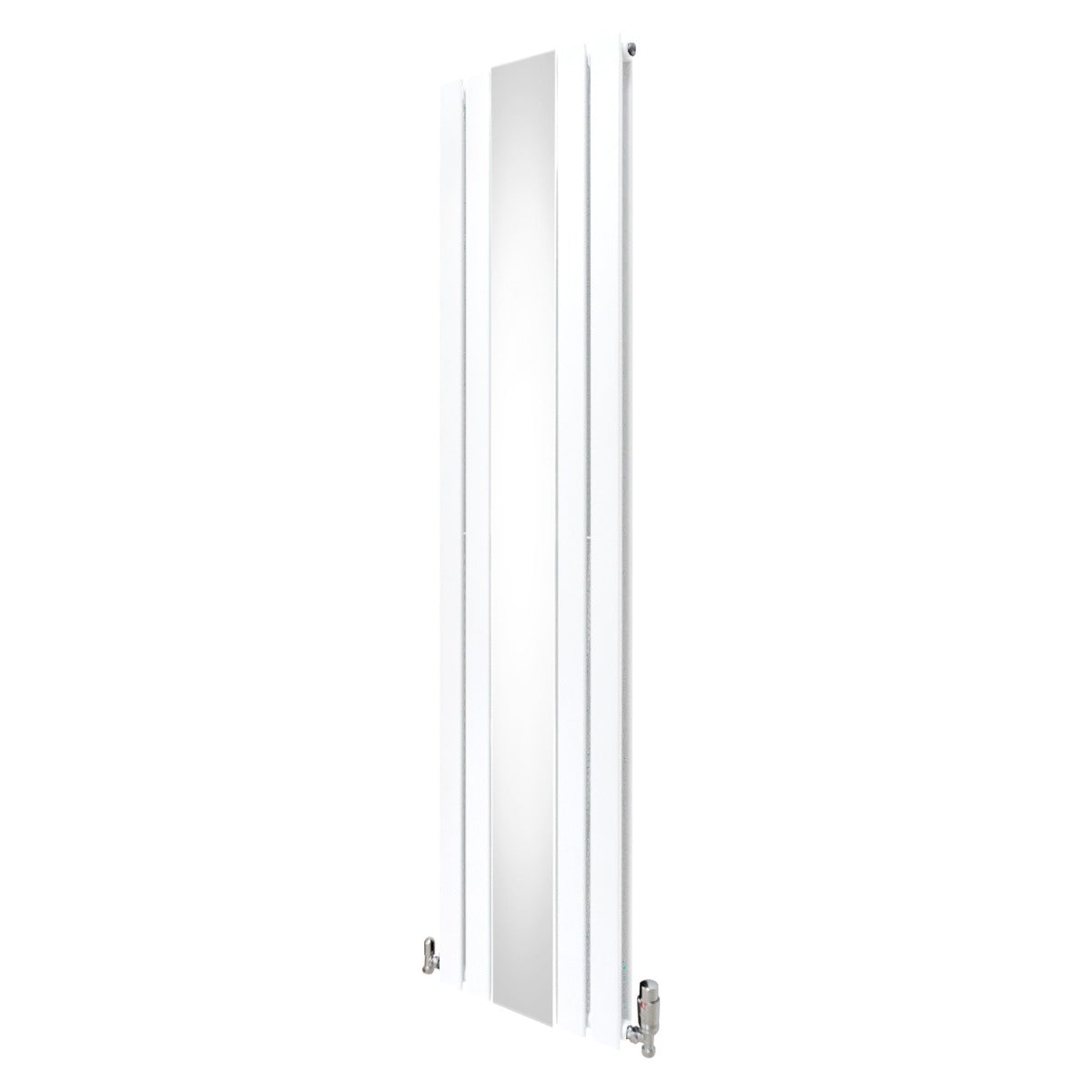 Weißer Heizkörper mit integriertem Spiegel und verchromten Thermostatventilen, schlankes Design, 1800mm x 425mm, moderne Ästhetik für jedes Badezimmer