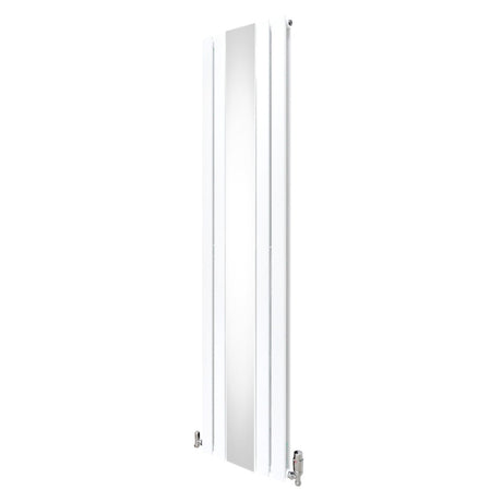 Weißer Heizkörper mit integriertem Spiegel und verchromten Thermostatventilen, schlankes Design, 1800mm x 425mm, moderne Ästhetik für jedes Badezimmer