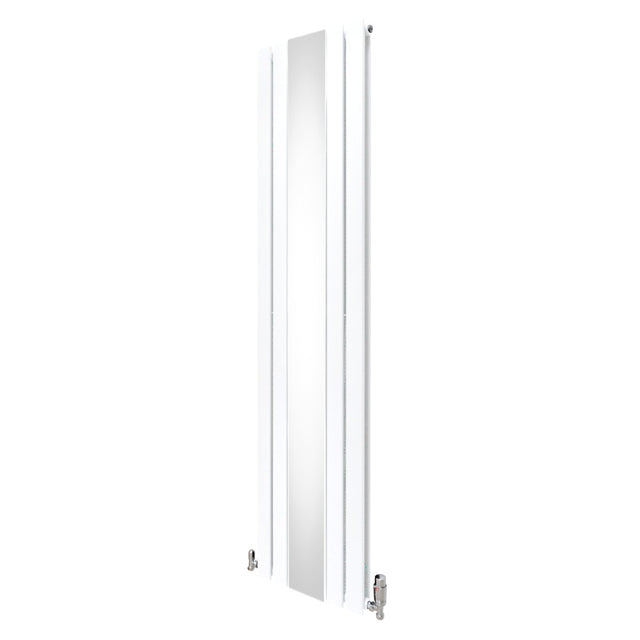 Weißer Heizkörper mit integriertem Spiegel und verchromten Thermostatventilen, schlankes Design, 1800mm x 425mm, moderne Ästhetik für jedes Badezimmer