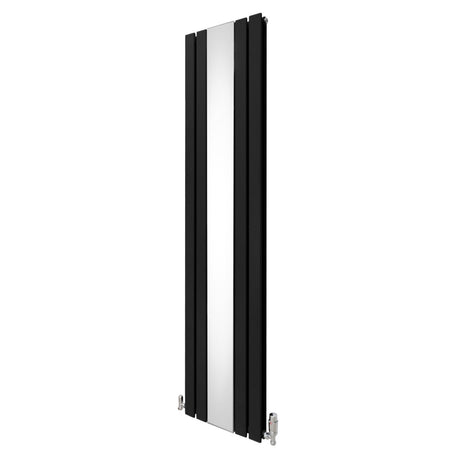 Schwarzer Heizkörper mit vertikalem Design, glänzendem Spiegel und Chrom-Thermostatventilen, Maße 1800mm x 425mm, modern und elegant