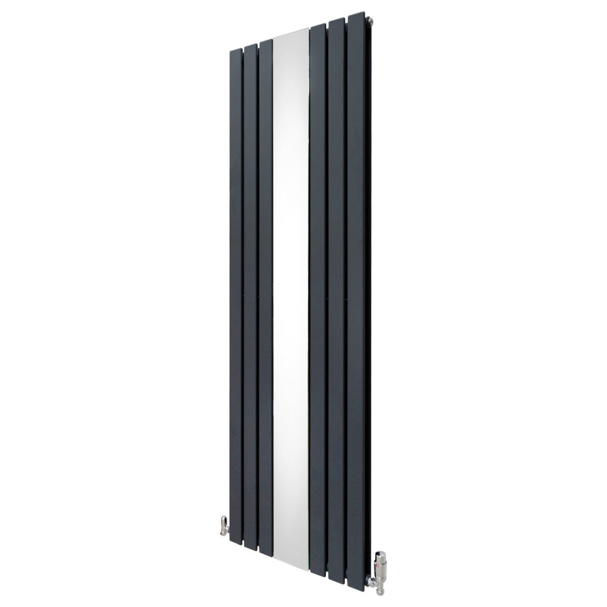 Anthrazitgrauer Heizkörper mit vertikalen Lamellen und integriertem Spiegel, ausgestattet mit Chrom-Thermostatventilen, 1800mm x 565mm