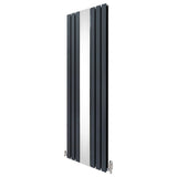 Anthrazitgrauer Heizkörper mit vertikalen Lamellen und integriertem Spiegel, ausgestattet mit Chrom-Thermostatventilen, 1800mm x 565mm
