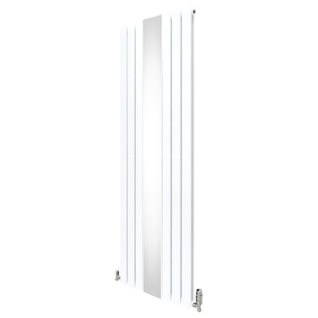 Weißer Heizkörper mit integriertem Spiegel und Chrom-Thermostatventilen, schlankes Design, 1800mm x 565mm, ideal für moderne Badezimmer