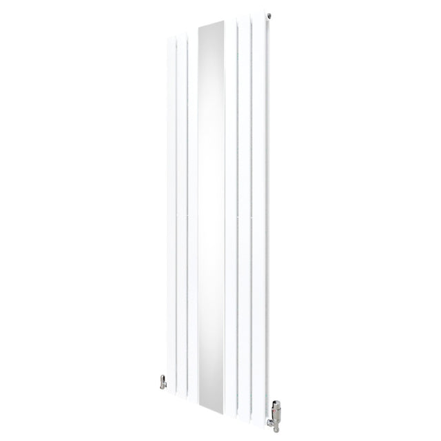 Weißer Heizkörper mit integriertem Spiegel und Chrom-Thermostatventilen, schlankes Design, 1800mm x 565mm, ideal für moderne Badezimmer