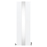 Eleganter weißer Heizkörper mit integriertem Spiegel und Chrom-Thermostatventilen, schlankes Design, 1800mm x 565mm, ideal für moderne Badezimmer
