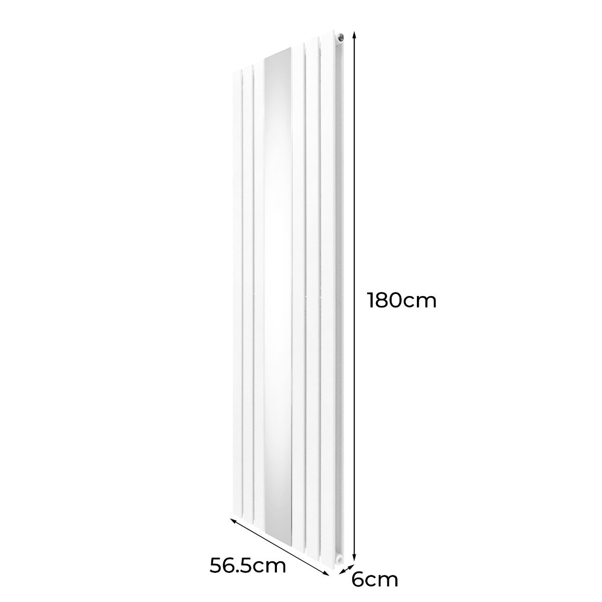 Weißer Heizkörper mit integriertem Spiegel, 180 cm hoch und 56,5 cm breit, verziert mit modernen Chrom-Thermostatventilen und eleganten Linien