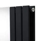 Schwarzer Heizkörper mit integriertem Spiegel und Chrom-Thermostatventilen, modernes Design, glatte Oberfläche, elegante Linienführung, 1800mm x 565mm