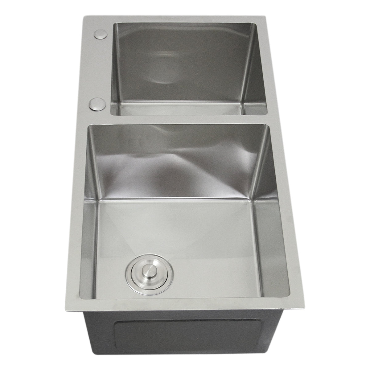 Edelstahl Doppelspüle mit zwei rechteckigen Becken, glänzender Oberfläche, abgerundeten Kanten und einem zentralen Abfluss, ideal für moderne Küchen