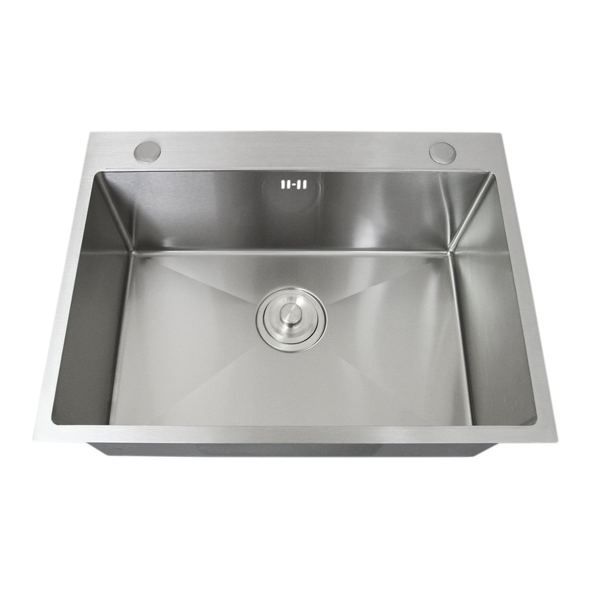 Edelstahl Küchenspüle mit quadratischem Design, glänzender Oberfläche, abgerundeten Ecken und zentralem Abfluss, ideal für moderne Küchen