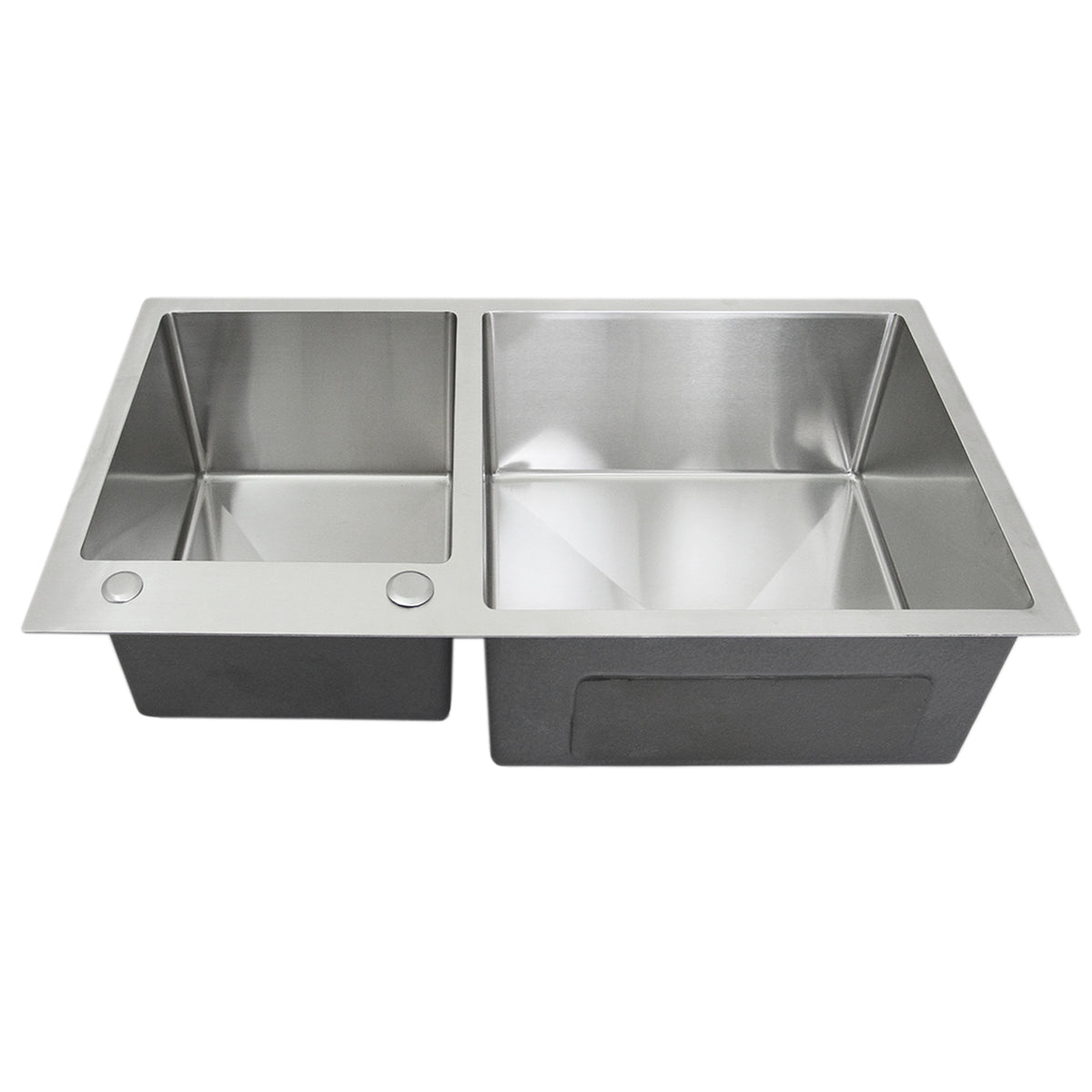Edelstahl Doppelspüle mit zwei rechteckigen Becken, glänzender Oberfläche, scharfen Kanten und integrierten Abflusslöchern, ideal für moderne Küchen