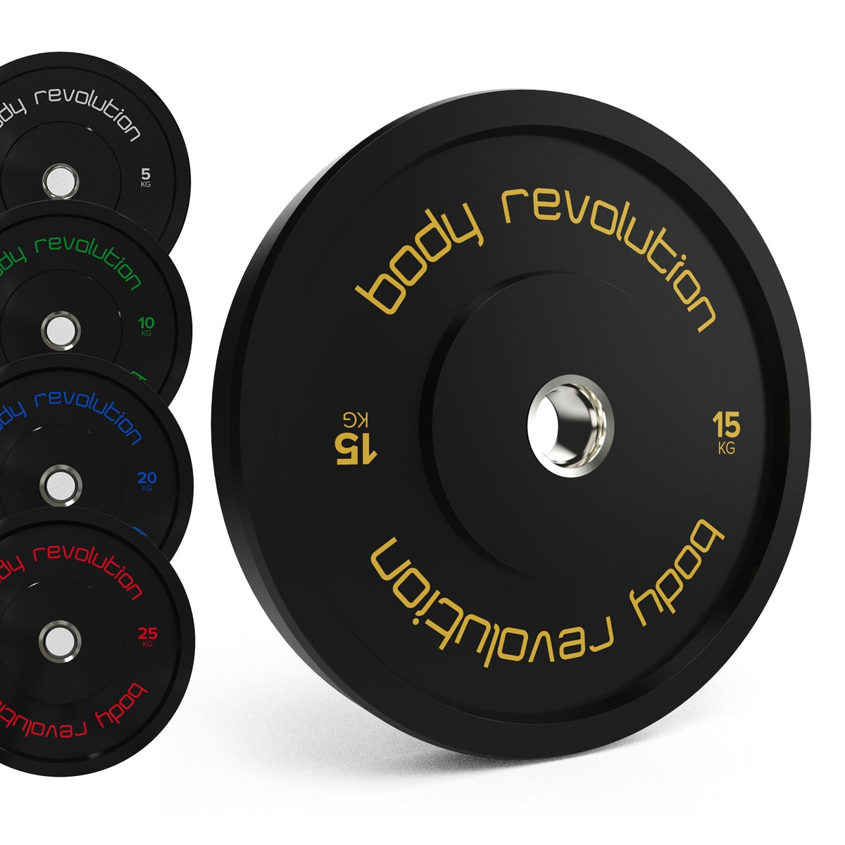 Schwarzes Bumper-Scheiben Set von Body Revolution mit verschiedenen Gewichten (15 kg, 25 kg, 10 kg, 5 kg) und goldener Schrift auf der Oberfläche