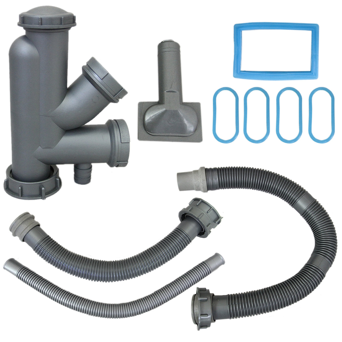 Graue Kunststoffteile für KuKoo Edelstahl Doppelspüle, einschließlich Siphon, Schläuchen und Dichtungen, ideal für die Installation und Wartung