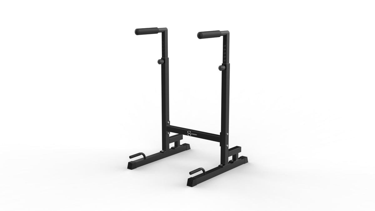 Schwarze Parallettes XL Dip-Barren aus robustem Metall mit rutschfesten Griffen, ideal für Krafttraining und Körpergewicht-Übungen