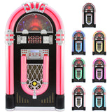 Bunter Vinyl-Jukebox mit glänzenden Chromdetails, beleuchtetem Display und CD-Hülle, die nostalgisches Flair und Retro-Design vereint
