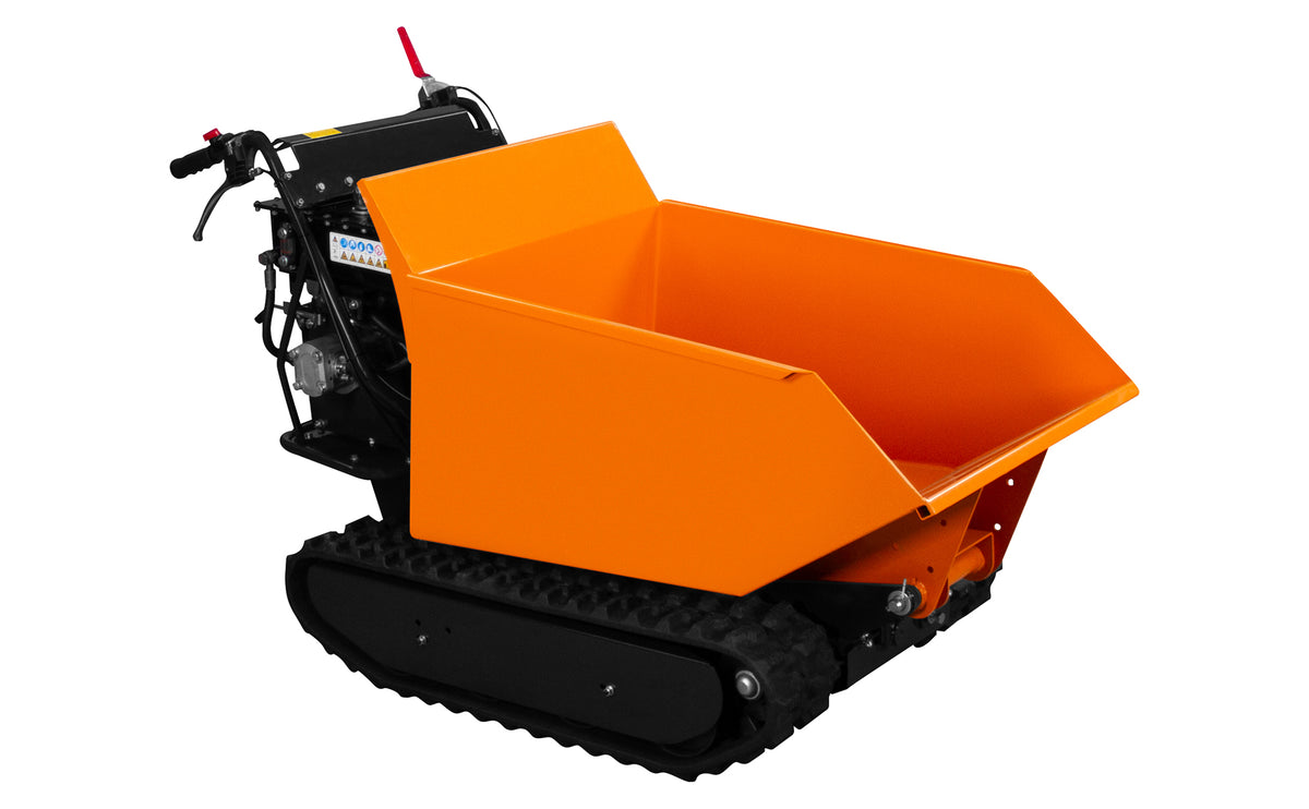 Kompakter, orangefarbener Kettenkipper mit breiter Ladefläche, robustem Design und leistungsstarkem Motor, ideal für Baustellen und Transportarbeiten