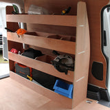 Holzregal für VW Caddy mit mehreren Fächern, ideal für Werkzeuge und Ausrüstung, in natürlichem Holzton und stabiler Bauweise