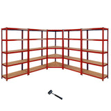 Vier rote Lagerregale und ein 90 cm Eckregal im Set, mit stabilen Metallrahmen und Holzregalen, ideal für die Aufbewahrung und Organisation