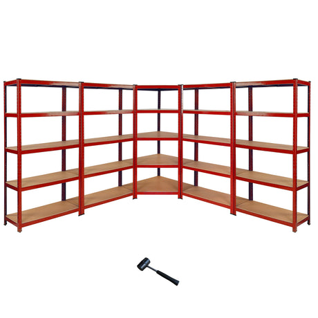 Vier rote Lagerregale und ein 90 cm Eckregal im Set, mit stabilen Metallrahmen und Holzregalen, ideal für die Aufbewahrung und Organisation