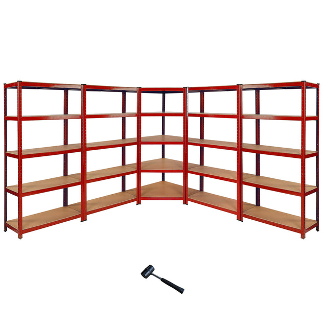 Vier rote Lagerregale und ein 90 cm Eckregal im Set, mit stabilen Metallrahmen und Holzregalen, ideal für die Aufbewahrung und Organisation