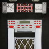 Retro Jukebox in Schwarz mit glänzenden Chromdetails, roten Tasten, einem LCD-Display und auffälligen Musiksymbolen auf dem Bedienfeld
