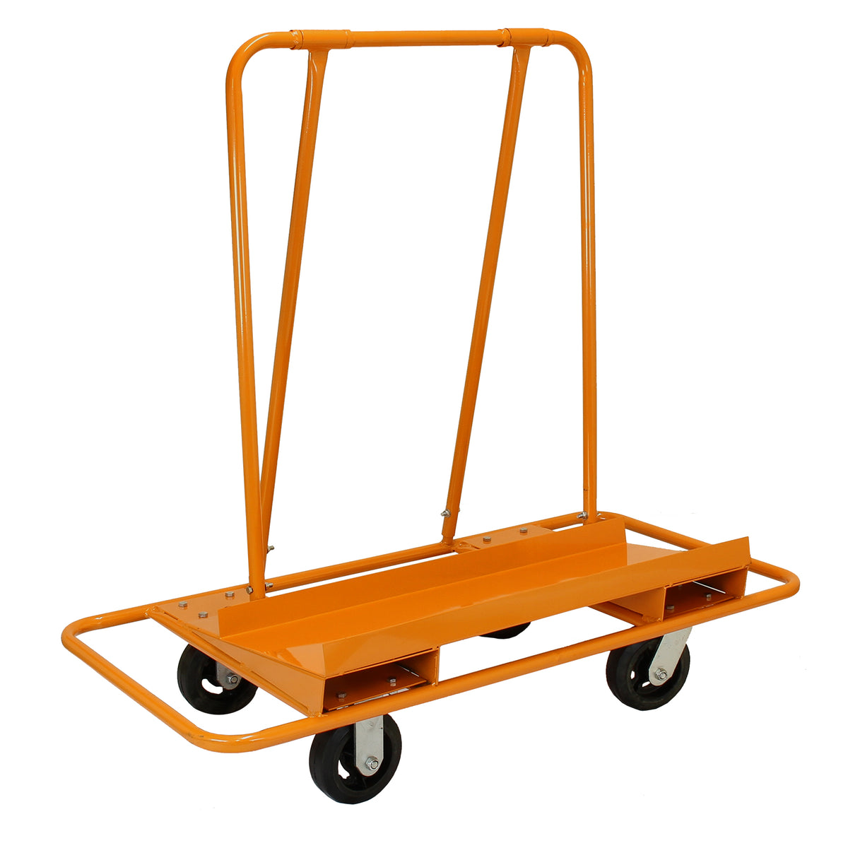 Robuster, orangefarbener Transportwagen für Gipskartonplatten mit stabilen Rädern, ideal für den Transport von schweren Materialien bis 1000 kg